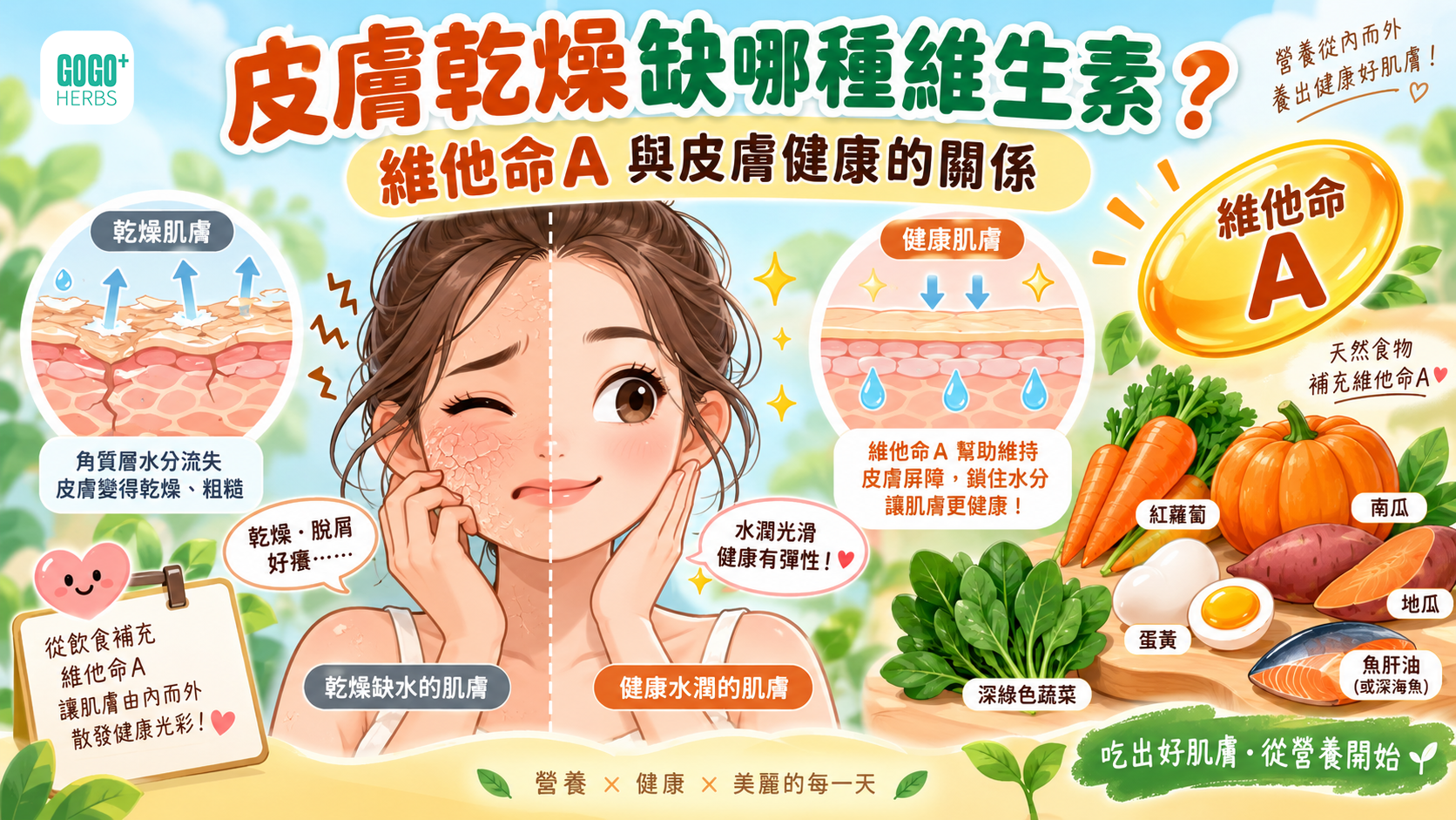 紅蘿蔔、番薯、蛋與油性魚等富含維他命A 的食材，呼應皮膚乾燥與維他命A 的主題