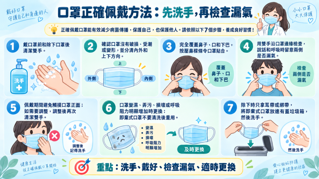 口罩正確佩戴方法：先洗手，再檢查漏氣