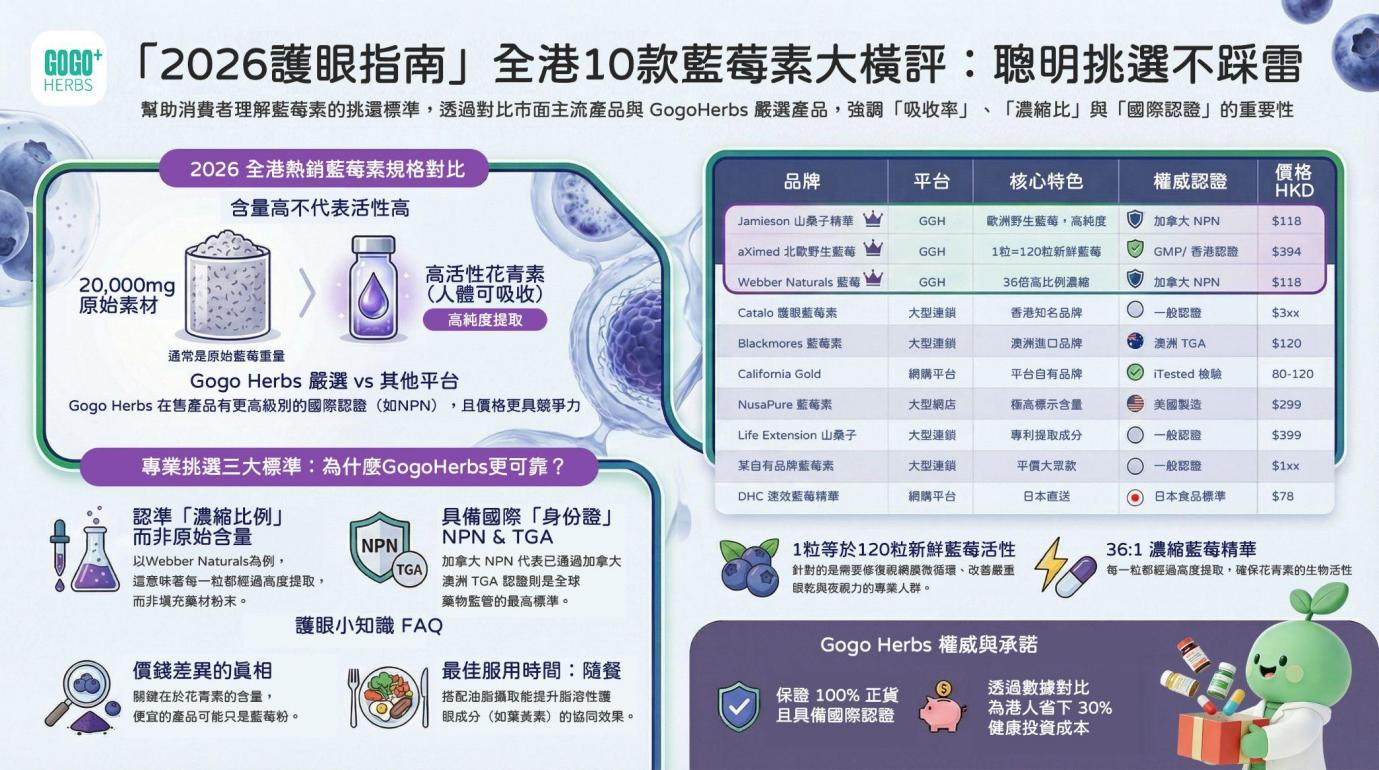 市面藍莓素含量越高越好？Gogo Herbs 隨機挑選熱銷10款進行橫向評測！深入解析維柏健、Jamieson及aXimed等藍莓素推薦比較，教你認準36:1濃縮比例與加拿大NPN認證，拒絕含量遊戲，買到真正高吸收率的花青素！