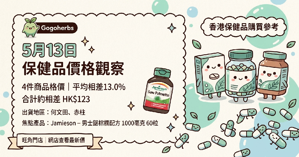 香港保健品價格 - 2026年5月13日 Gogoherbs 出貨與保健品價格觀察