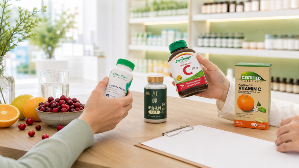 Gogo Herbs 門店協助客人比較維他命C、穀胱甘肽和抗氧化保健品