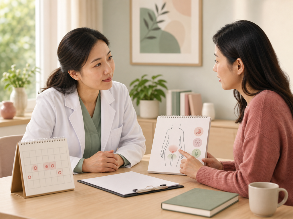 女性與醫生討論症狀記錄及婦科健康檢查