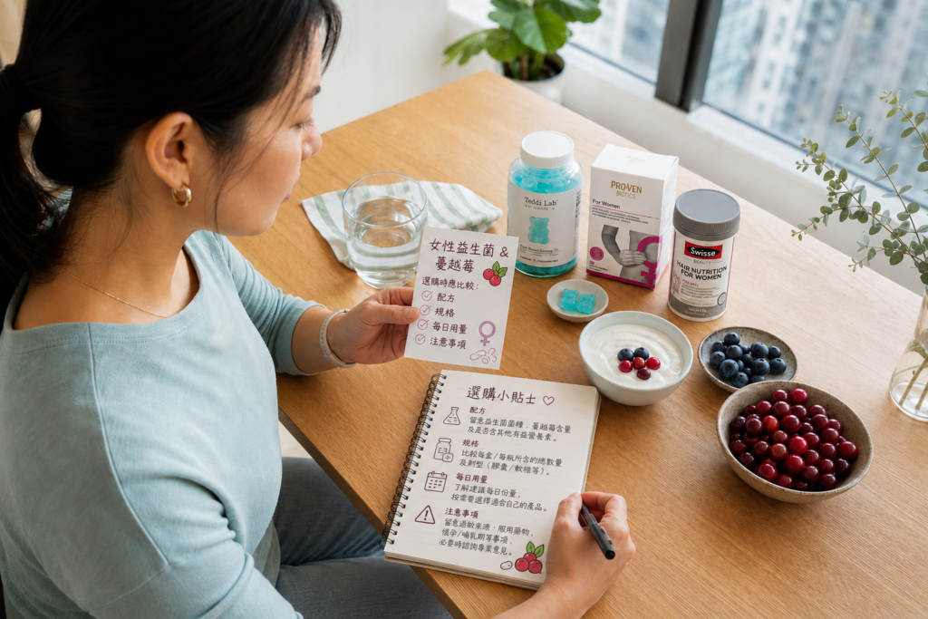 女性在家整理蔓越莓及益生菌產品的日常選購清單