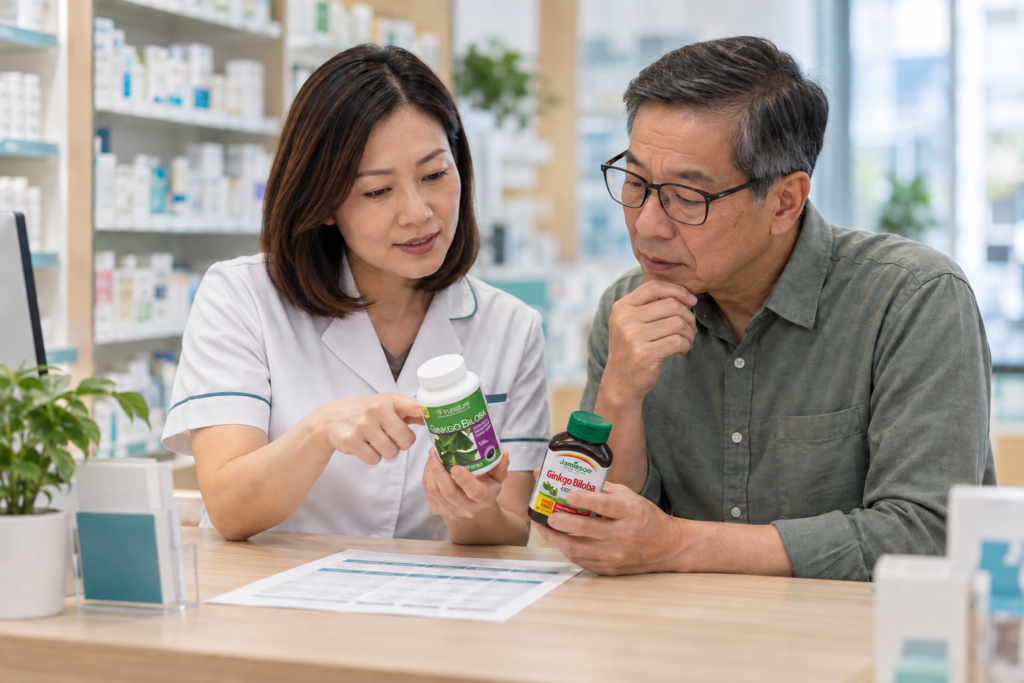 藥劑師與顧客核對腦部健康補充品的每份成分、單位及用藥安全