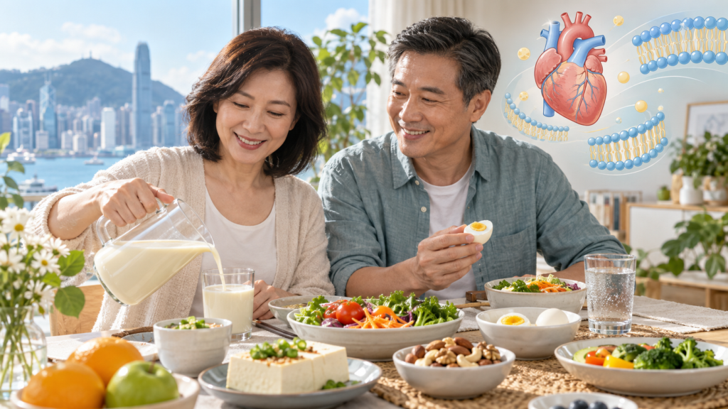 世界心臟日護心飲食場景,香港中年夫婦享用豆漿、豆腐、雞蛋與堅果,旁有心臟及細胞膜卡通示意
