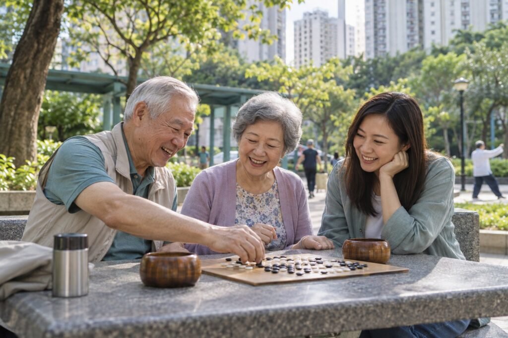 長者與家人在香港社區公園進行社交及健腦活動