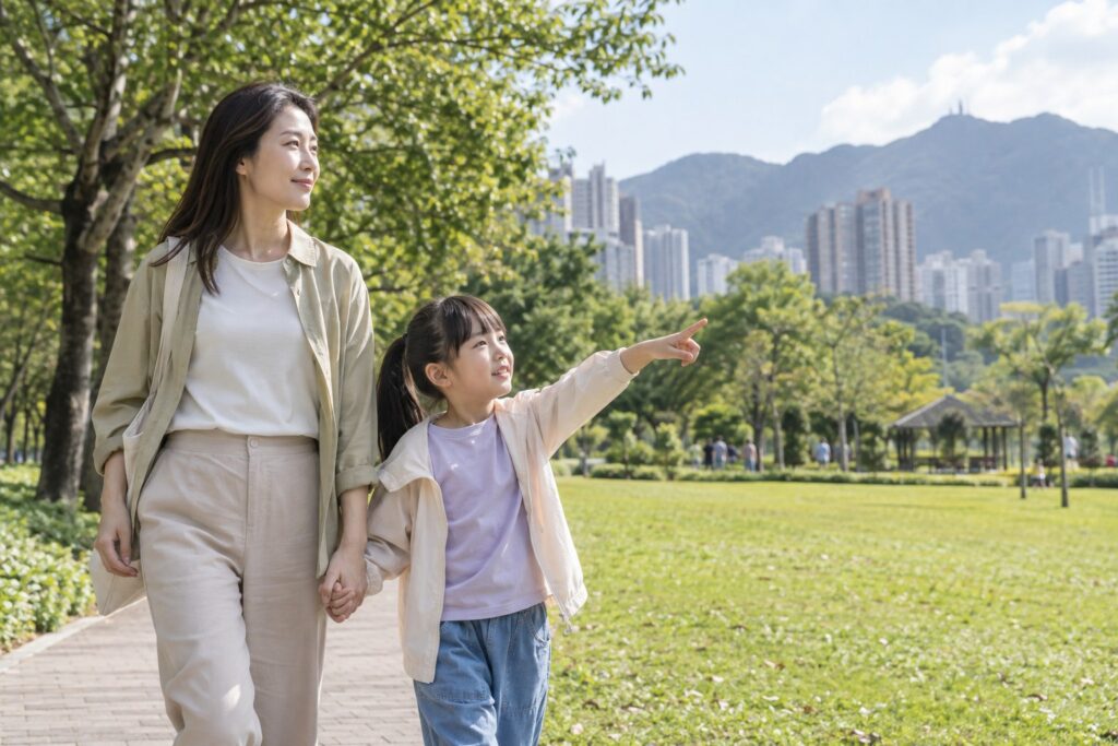家長與孩子在香港公園進行戶外活動，以日常習慣支持兒童眼晴健康