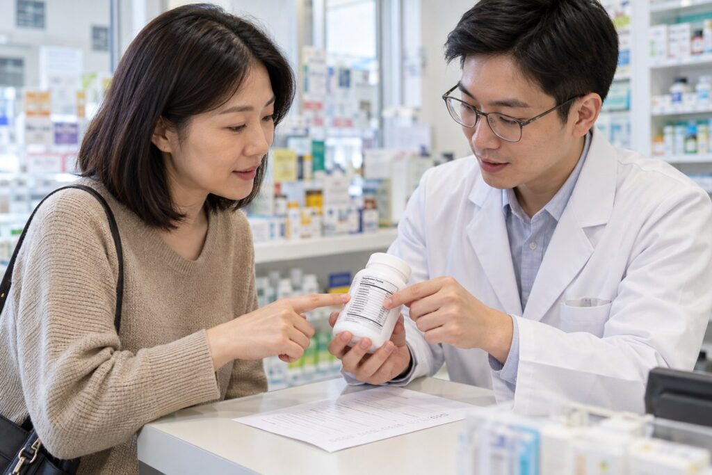 藥劑師與顧客共同核對眼晴健康補充品標籤、每日份量、過敏原及用藥情況