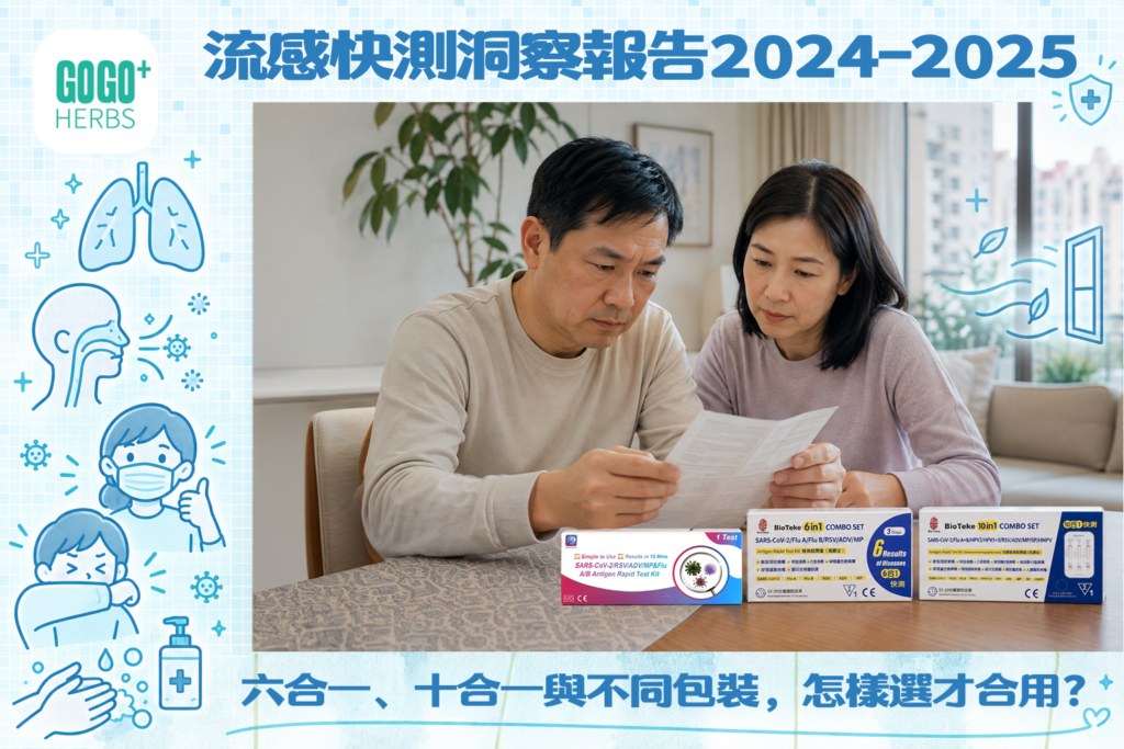 香港夫婦在家閱讀快測說明書,桌上放有未開封測試包,流感快測洞察報告封面