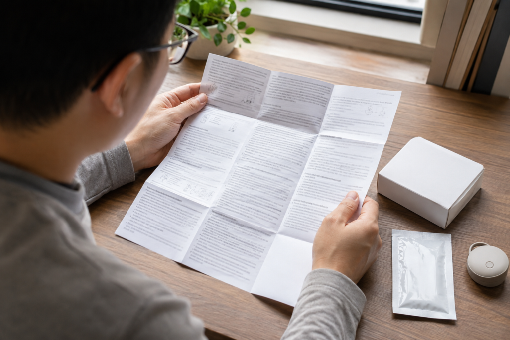 成人在桌前仔細閱讀說明書,旁邊放有未開封測試包和白色盒子