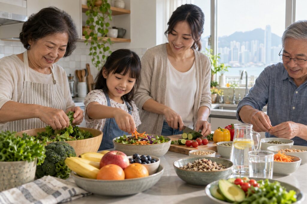 一家人在廚房準備蔬菜、全穀及日常餐食