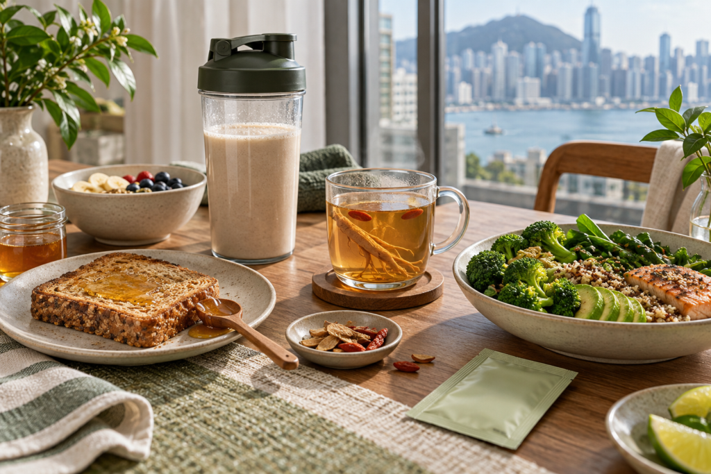  | 早餐蜂蜜、蛋白飲品、人蔘茶及蔬菜餐盤的健康食品使用情境